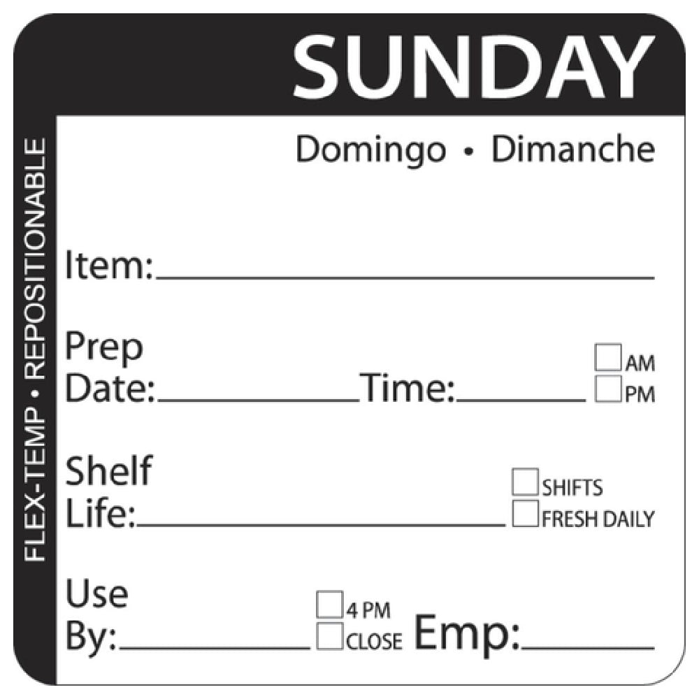 Hubert 30774 - Flex-Temp Food Rotation Label, "Sunday", 2" X 2"