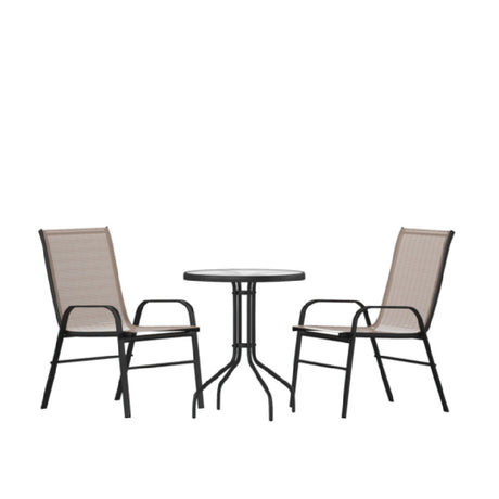 Flash Furniture TLH-0701303C-BN-GG Brazos 3 Piece Outdoor Patio Dining Set 23.75" Round Tempered Glass Patio Table