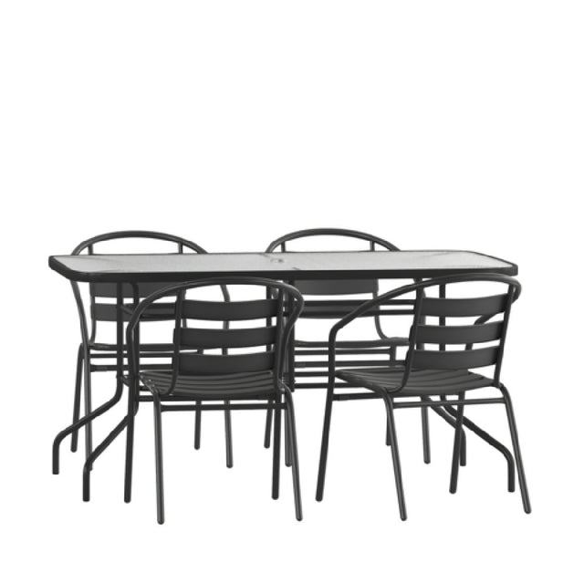 Flash Furniture TLH-089REC-017CBK4-GG Lila 5 Piece Patio Dining Set 55" Tempered Glass Patio Table With Umbrella Hole 4 Black Metal Aluminum Slat Stack Chairs