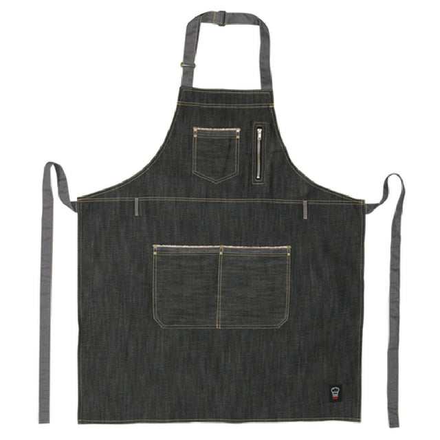 Winco BADN-3430 Village Bib Apron 34-1/2”L X 30-1/4”W With (3) Pockets And (1) Zipper Pouch