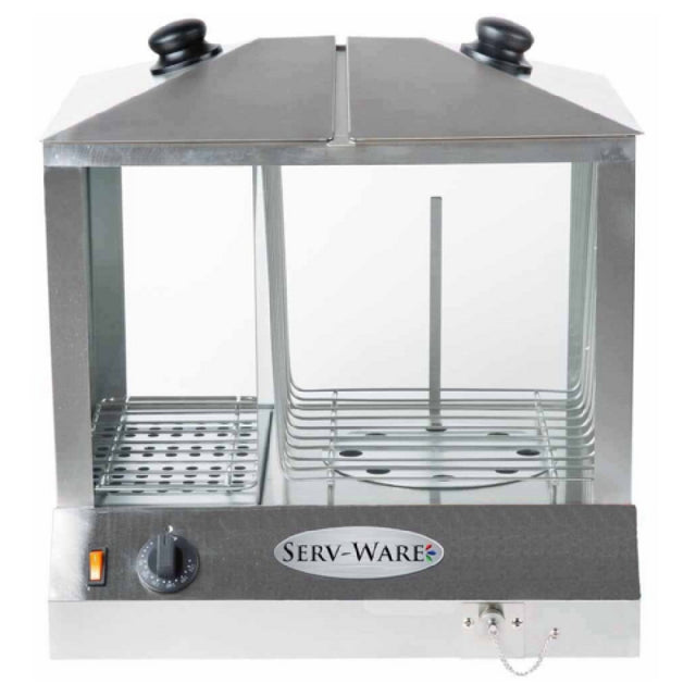 Serv-Ware EHS-02 - Serv-Ware - Electric Cooking - Hot Dog Steamer 200 Hot Dogs/60 Buns - Dimensions: 18.25" W X 14.25" D X 15.75" H - Temperature Range: 85°F - 175°F - Amps: 11 - Voltage: 115 - Hz: 60 - Phase: 1 - Watts: 1300 - Materials: Stainless Steel Construction - Warranty: 6 Months