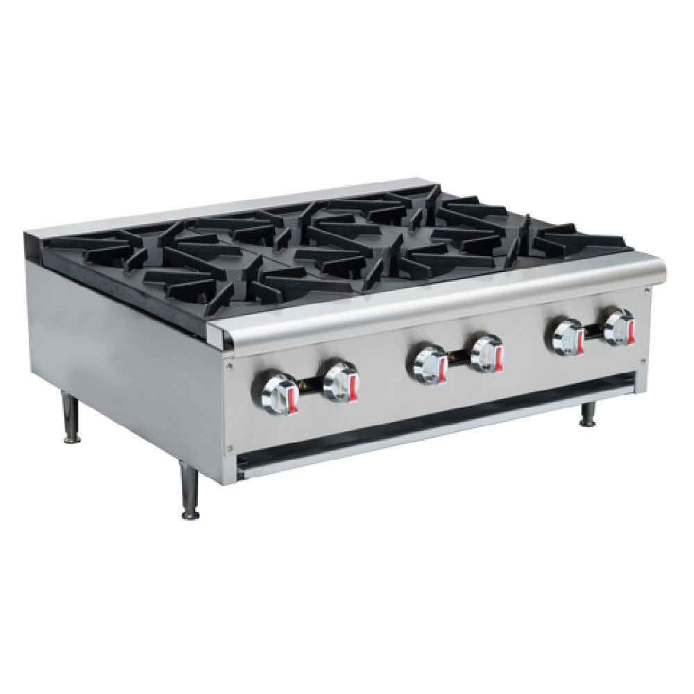 Serv-Ware SHPS-36 - Serv-Ware - Gas Cooking - 36" Six (6) Burner Hot Plate - Natural Gas - Dimensions: 36" W X 27.2" D X 11.28" H - BTU/H: 25,000 Per Burner - # Of Burners: 6 - Gas Line: 3/4 - W.C. For Natural Gas: 4 In. - W.C. For LP: 10 In. - Materials: Stainless Steel Construction With Heavy-duty Cast Iron Grates - Warranty: 1 Year