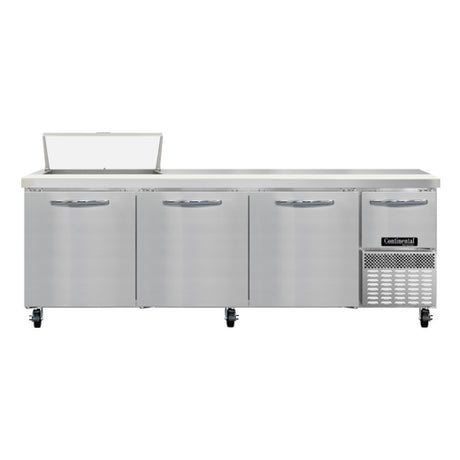Continental Refrigerator RA93N8 Refrigerated Base Sandwich Unit 93"W 300 Series Stainless Steel Top With (8) 1/6 Size X 4" Deep Pans