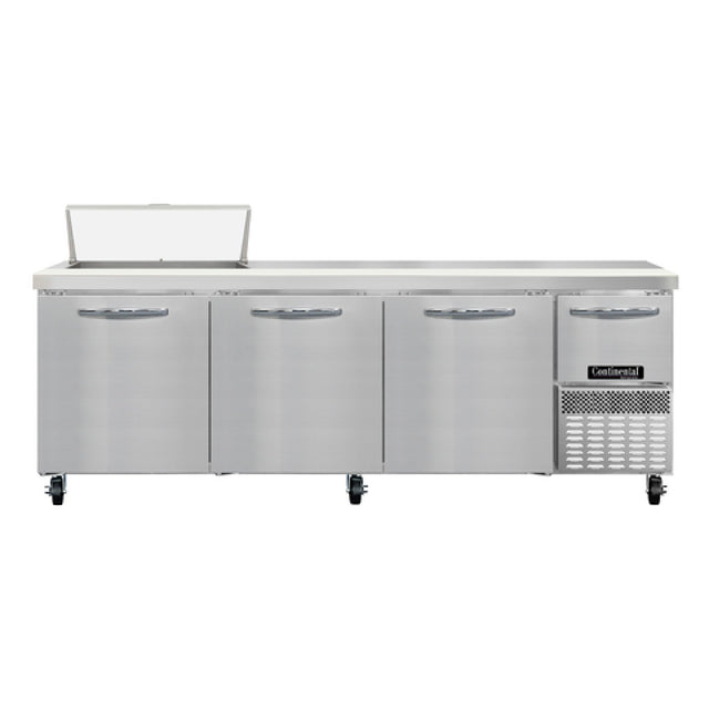 Continental Refrigerator RA93N8 Refrigerated Base Sandwich Unit 93"W 300 Series Stainless Steel Top With (8) 1/6 Size X 4" Deep Pans
