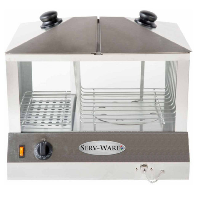 Serv-Ware EHS-01 - Serv-Ware - Electric Cooking - Hot Dog Steamer 100 Hot Dogs/48 Buns - Dimensions: 18.25" W X 14.25" D X 19.25" H - Temperature Range: 85°F - 175°F - Amps: 11 - Voltage: 115 - Hz: 60 - Phase: 1 - Watts: 1300 - Materials: Stainless Steel Construction - Warranty: 6 Months