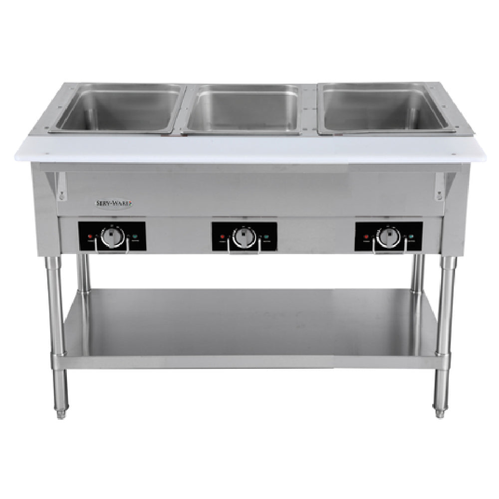 Serv-Ware EST3-1 - Serv-Ware - Electric Cooking - 3 Open Well Electric Steam Table - Dimensions: 44" W X 29.5" D X 33.5" H - Temperature Range: 120°F - 200°F - Amps: 12.5 - Voltage: 115 - Hz: 60 - Phase: 1 - Watts: 1500 - Materials: Stainless Steel Construction - Warranty: 1 Year - Parts