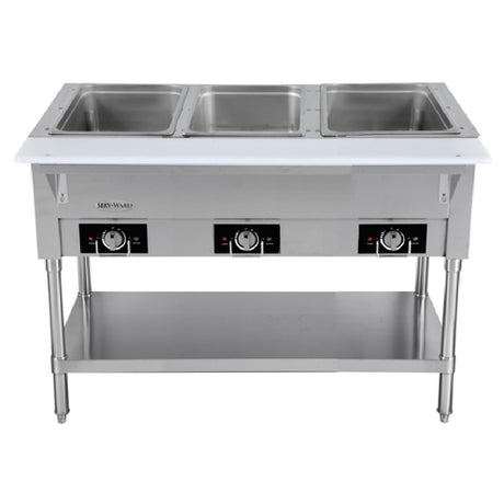Serv-Ware EST3-1 - Serv-Ware - Electric Cooking - 3 Open Well Electric Steam Table - Dimensions: 44" W X 29.5" D X 33.5" H - Temperature Range: 120°F - 200°F - Amps: 12.5 - Voltage: 115 - Hz: 60 - Phase: 1 - Watts: 1500 - Materials: Stainless Steel Construction - Warranty: 1 Year - Parts