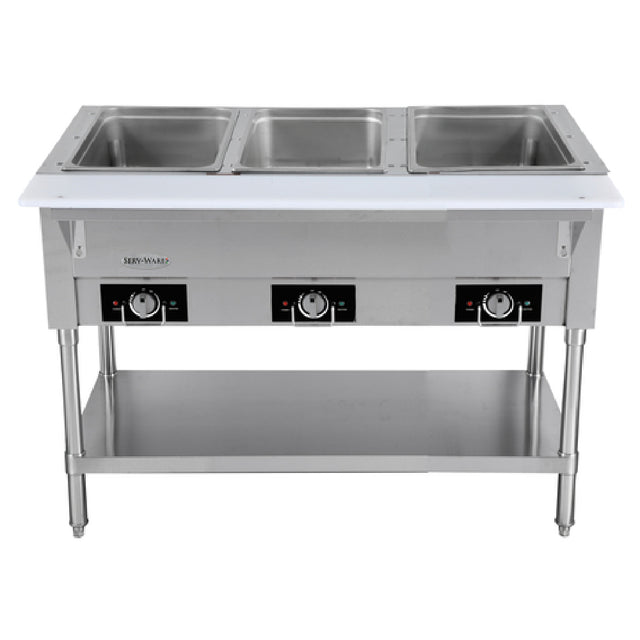Serv-Ware EST3-1 - Serv-Ware - Electric Cooking - 3 Open Well Electric Steam Table - Dimensions: 44" W X 29.5" D X 33.5" H - Temperature Range: 120°F - 200°F - Amps: 12.5 - Voltage: 115 - Hz: 60 - Phase: 1 - Watts: 1500 - Materials: Stainless Steel Construction - Warranty: 1 Year - Parts