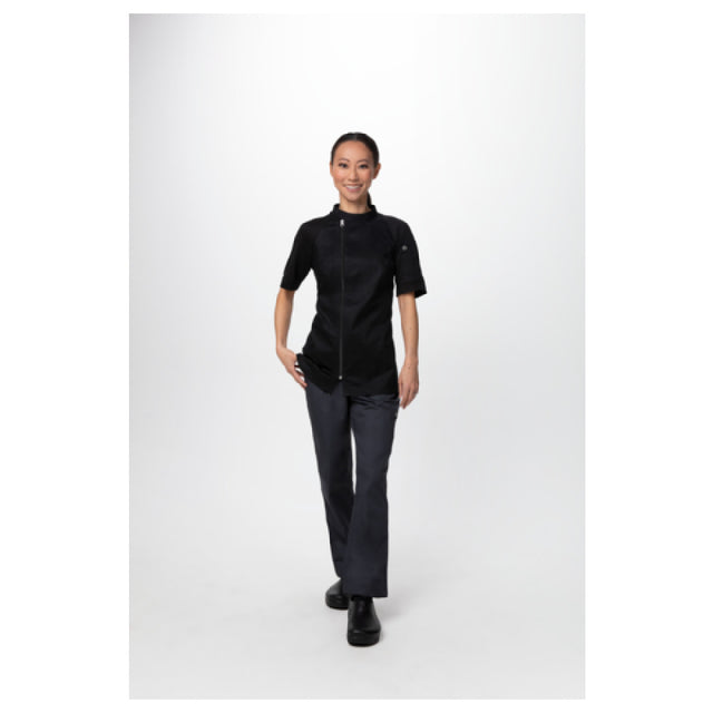 Chef Works CBZ03W-BLK-L Women's Varkala Chef Coat Raglan Short Sleeve Off-set Zip Front With Snap Collar