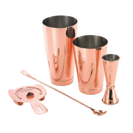 Krowne KR-BK5 Krowne Basic Copper 5-Piece Cocktail Kit (Includes 1 Each Of The Following: Full Sized Shaker Half Sized Shaker 1oz. X 2oz. Jigger 13-3/16" Bar Spoon And Spring Bar Strainer)