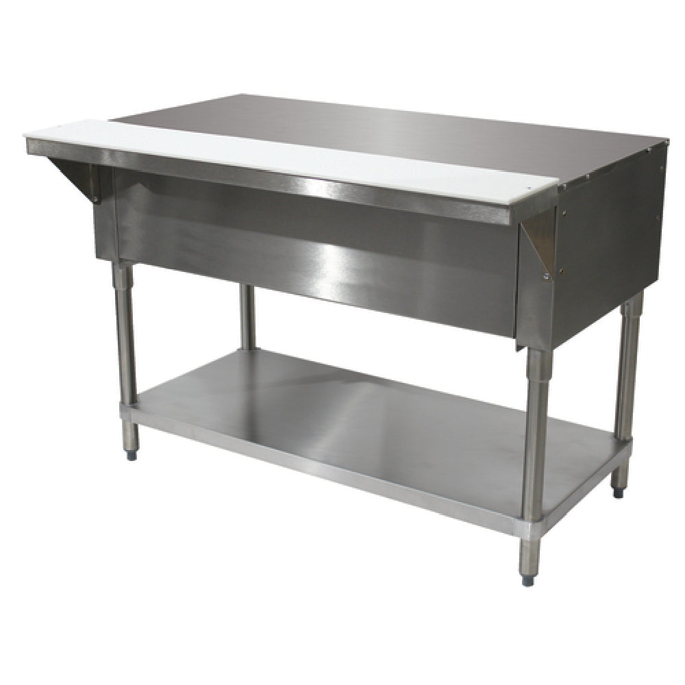 Advance Tabco STU-3 Solid Top Table 47-1/8"W X 30-5/8"D X 34-3/8"H 20 Gauge 302 Stainless Steel Top With 8"D X 3/8" Thick Poly Cutting Board