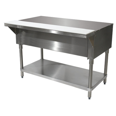 Advance Tabco STU-5 Solid Top Table 77-3/4"W X 30-5/8"D X 34-3/8"H 20 Gauge 302 Stainless Steel Top With 8"D X 3/8" Thick Poly Cutting Board