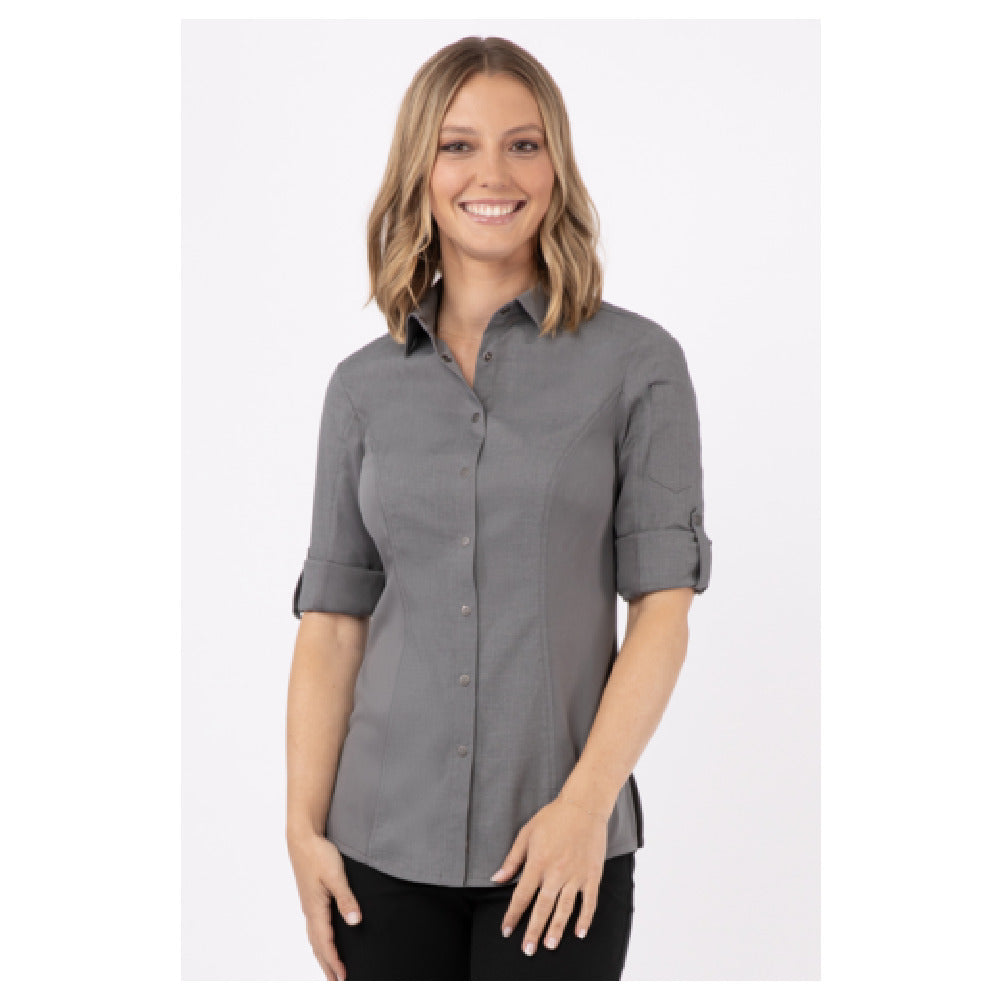 Chef Works SES02W-GRY-L Women's Seville Shirt Stretch Fabric Snap Front Closure