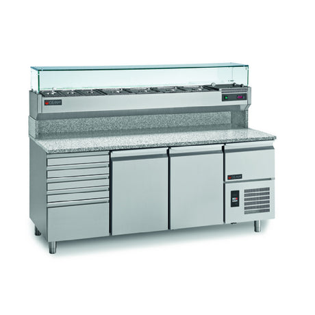 RositoBisani PC215 - Refrigerated Pizza Prep Table With Upper Refrigerated Toppings Rail Display Case