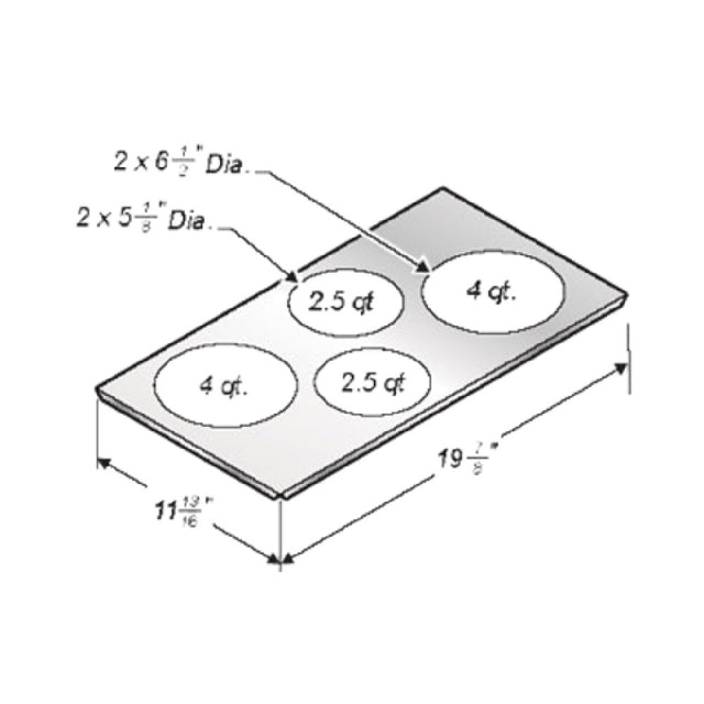 Wells 20434 Adapter Top To Convert 12" X 20" Square Corner Warmer To Hold (2) 4 Qt. & (2) 2-1/2 Qt. Insets