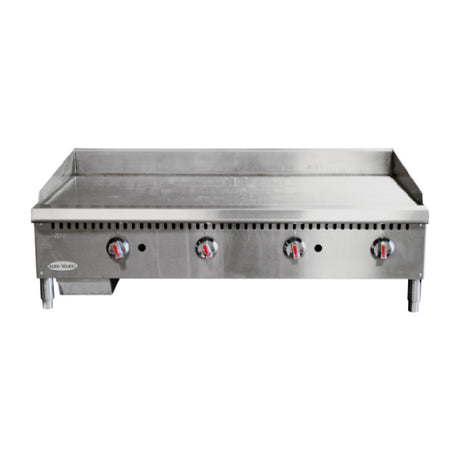 Serv-Ware STGS-48 - Serv-Ware - Gas Cooking - 48" Thermostatic Gas Griddle - Natural Gas - Dimensions: 47.99" W X 29.96" D X 16.02" H - Temperature Range: 200°F - 500°F - BTU/H: 30,000 Per Burner - # Of Burners: 4 - Gas Line: 3/4 - W.C. For Natural Gas: 4 In. - W.C. For LP: 10 In. - Materials: Stainless Steel Legs