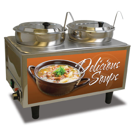 Winco 51072S Benchmark Soup Station Warmer (2) 7 Qt. Wells Hinged Inset Lids