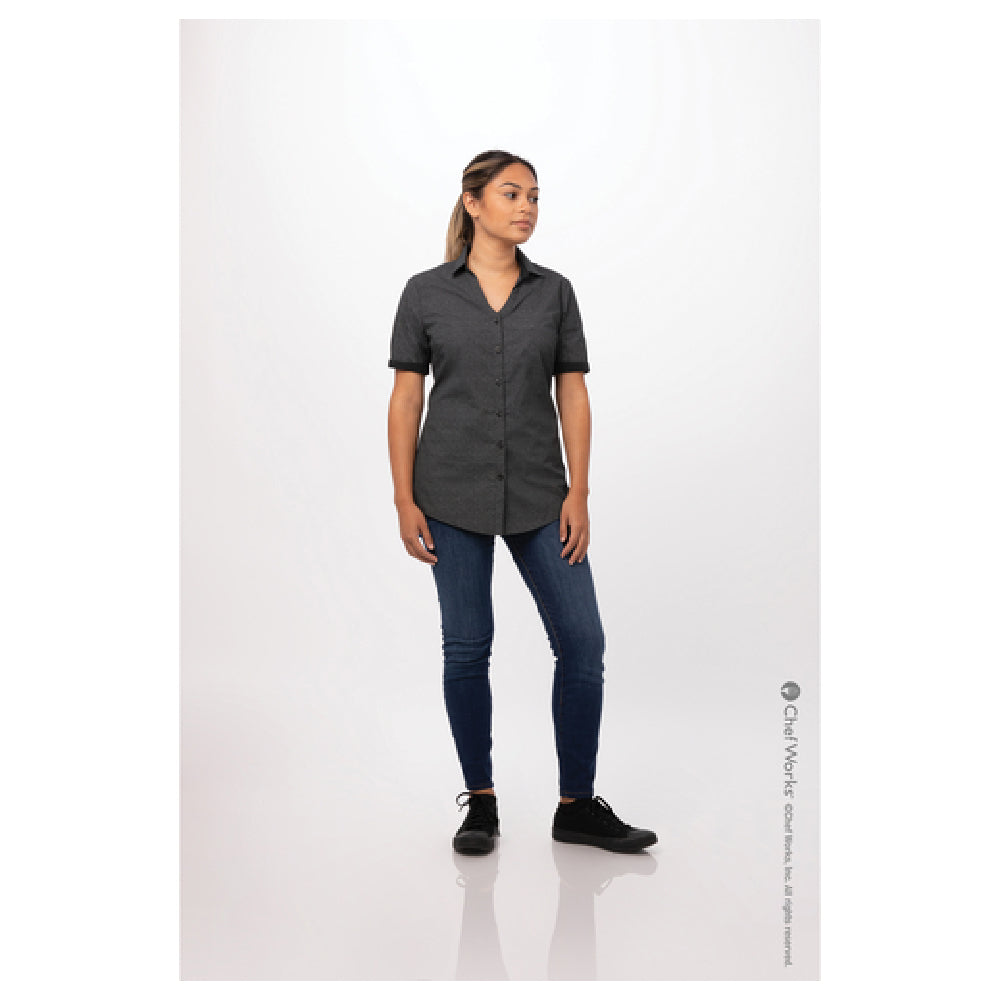 Chef Works SHC07W-BLK-3XL Women's Charleston Shirt Short Sleeves Contrast Fabric On Inner Sleeve Band & Inner Collar Band