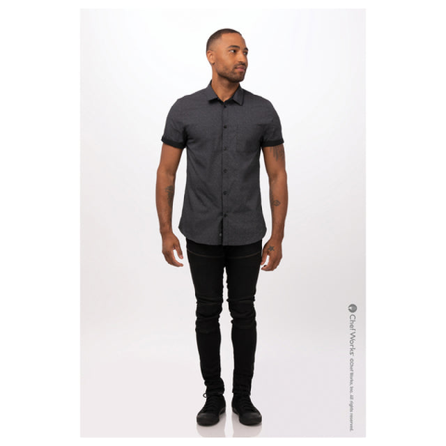 Chef Works SHC07BLK2XL Men's Charleston Shirt Short Sleeves Contrast Fabric On Inner Sleeve Band & Inner Collar Band