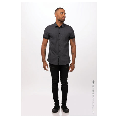 Chef Works SHC07-BLK-M Men's Charleston Shirt Short Sleeves Contrast Fabric On Inner Sleeve Band & Inner Collar Band