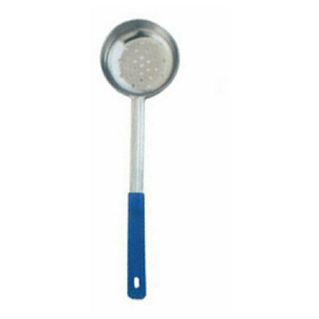 Omcan 80786 8 Oz. One-Piece Stainless Steel Perforated Portion Control Spoon With Blue Handle