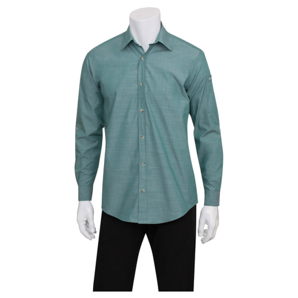 Chef Works SLMCH005-GRM-S Men's Chambray Dress Shirt Roll-up Long Sleeves With Button Tab