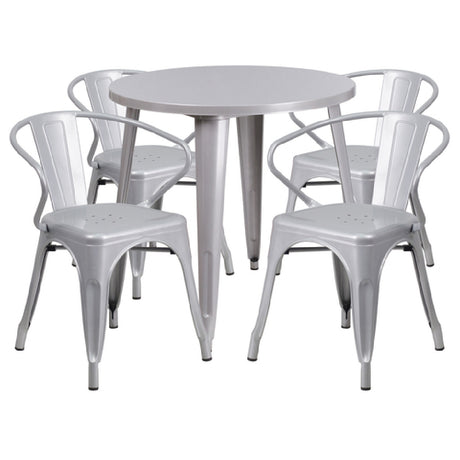 Flash Furniture CH-51090TH-4-18ARM-SIL-GG Table And Chair Set Includes (1) 30" Dia. X 29-1/2"H Table