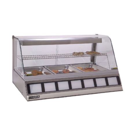 Antunes DCH-320 Heated Display Cabinet Holds (3) Full Size Pans 2-1/2" Deep Stainless Steel And Curved Tempered Glass Construction