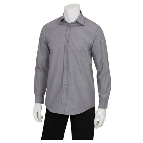 Chef Works SLMCH005GRY2XL Men's Chambray Dress Shirt Roll-up Long Sleeves With Button Tab