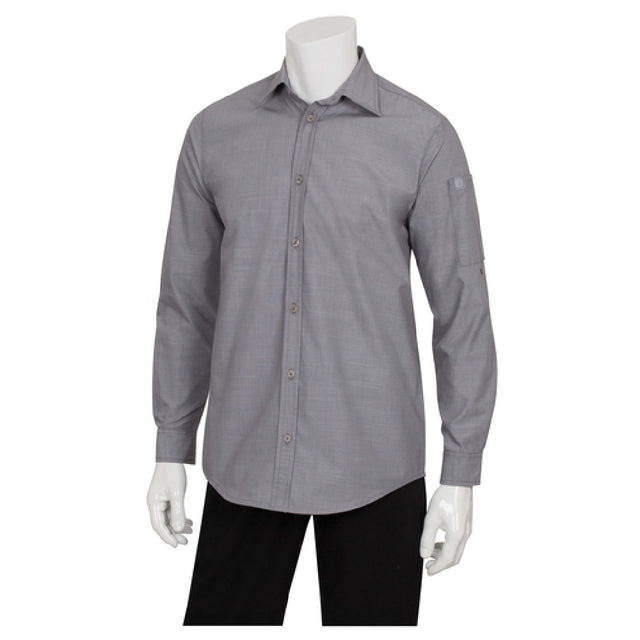 Chef Works SLMCH005GRYS Men's Chambray Dress Shirt Roll-up Long Sleeves With Button Tab