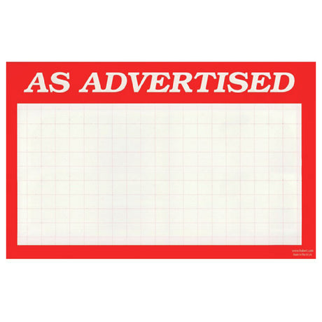 Hubert 86587 - Sign Card, "As Advertised" Imprinted, 11" X 7"