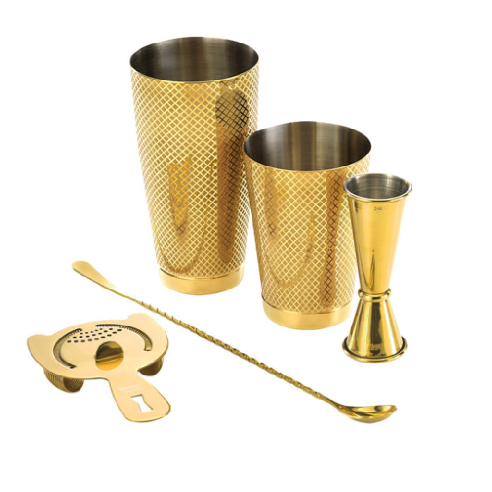 Krowne KR-BK4 Krowne Basic Gold Lattice 5-Piece Cocktail Kit (Includes 1 Each Of The Following: Full Sized Shaker Half Sized Shaker 1oz. X 2oz. Jigger 13-3/16" Bar Spoon And Spring Bar Strainer)