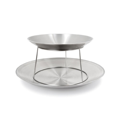 FOH BTH003BSS21 Brushed Stainless Seafood Tower 2 Tier Silver Includes One BPT010BSS21 14" Round Brushed Stainless Harmony™ Server Silver