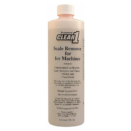 Scotsman CLEAR1 The Scotsman Clear1 Scale Remover/Cleaner Is A Liquid Descaler For All Scotsman Ice Machines. This Liquid Cleaner Is Food Grade And Is Safe To Use On Nickel Surfaces. The Concentrated Cleaner Dissolves And Removes Lime And Mineral Scale 