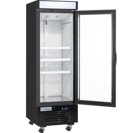 Empura 25" Black Swing Glass Door Merchandiser Freezer with ClearKeeper™ Glass, 12.6 Cu. Ft., LED Lighting, 3 Adjustable Shelves