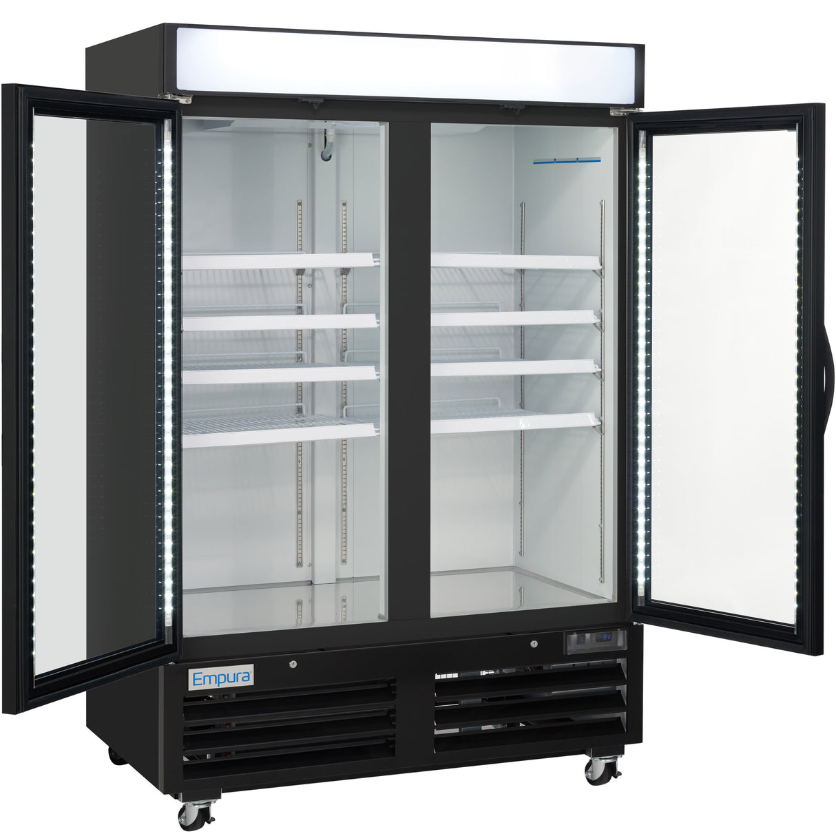 Empura 54" Black Swing Glass 2 Door Merchandiser Freezer with ClearKeeper™ Glass, 43.8 Cu. Ft., LED Lighting, 8 Adjustable Shelves