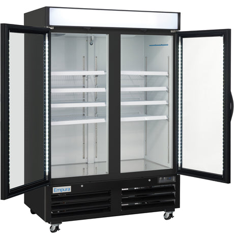 Empura 54" Black Swing Glass 2 Door Merchandiser Freezer with ClearKeeper™ Glass, 43.8 Cu. Ft., LED Lighting, 8 Adjustable Shelves