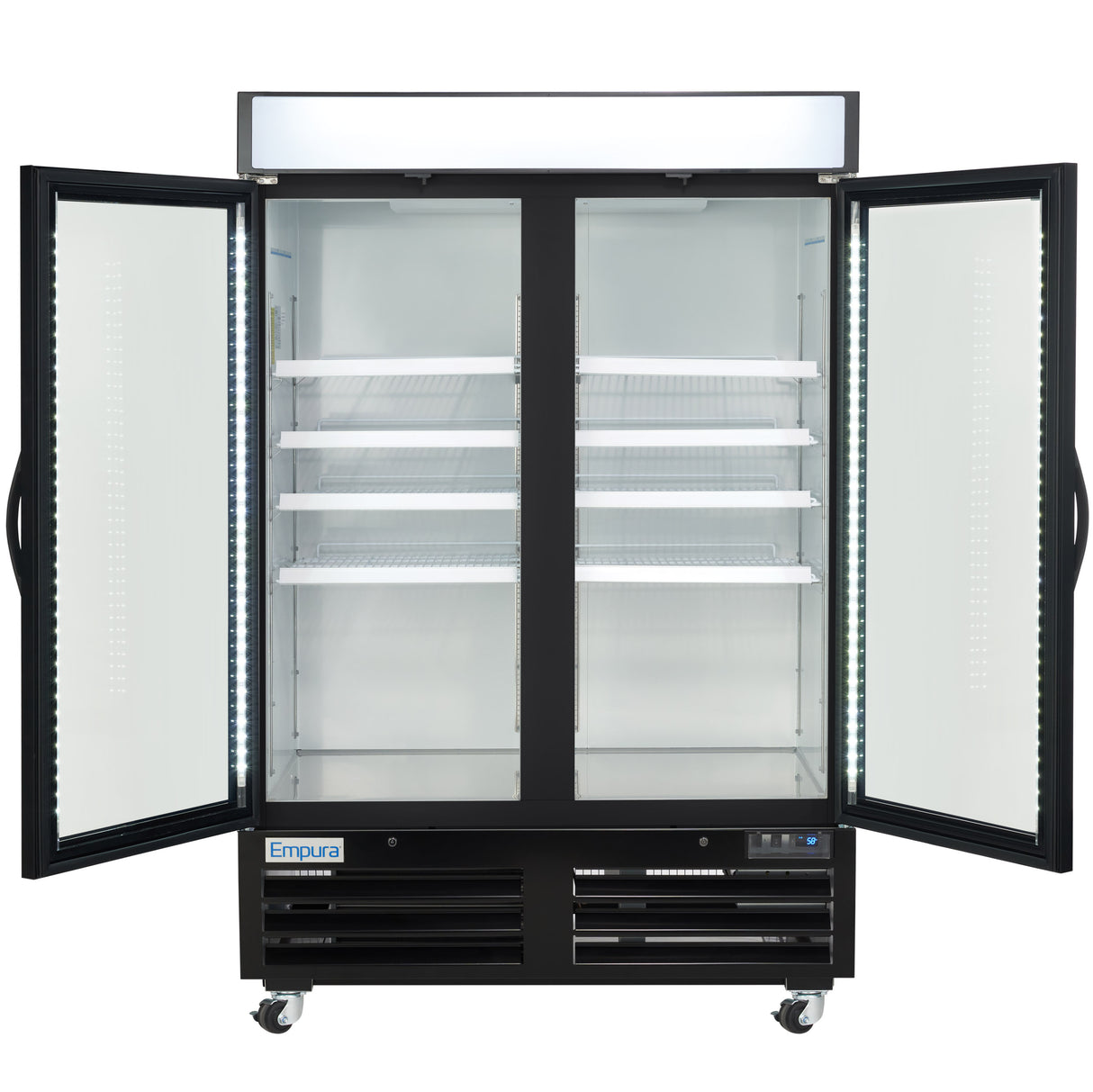 Empura 54" Black Swing Glass 2 Door Merchandiser Freezer with ClearKeeper™ Glass, 43.8 Cu. Ft., LED Lighting, 8 Adjustable Shelves