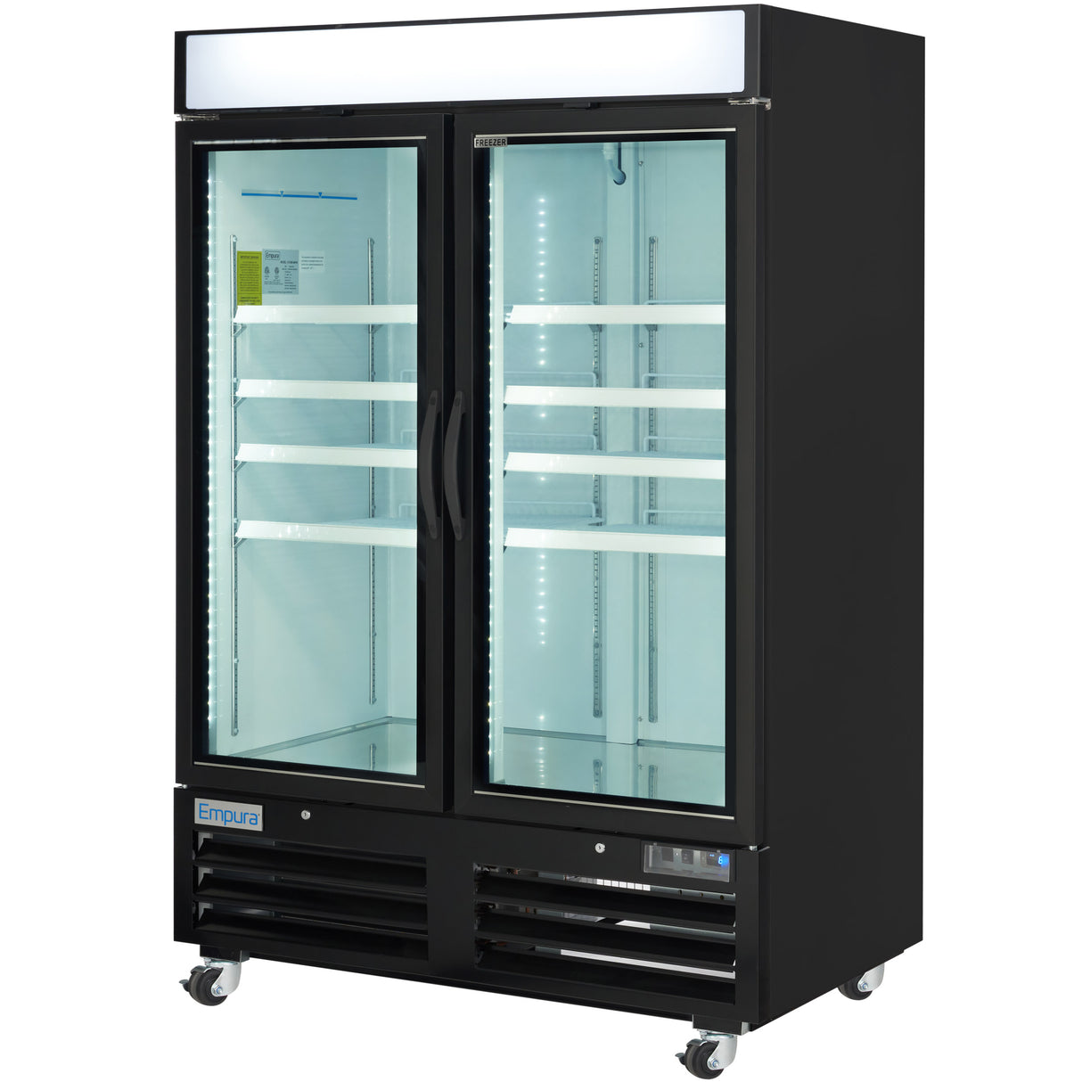 Empura 54" Black Swing Glass 2 Door Merchandiser Freezer with ClearKeeper™ Glass, 43.8 Cu. Ft., LED Lighting, 8 Adjustable Shelves