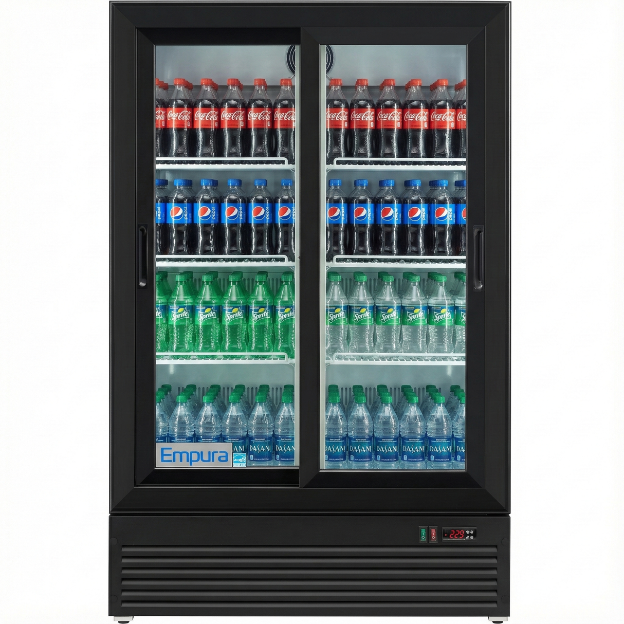 Empura 35" Black Sliding Glass 2 Door Merchandiser Refrigerator with ClearKeeper™ Glass, 10 Cu. Ft., LED Lighting, Self-Closing Doors