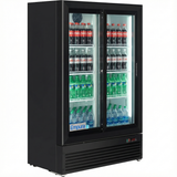 Empura 35" Black Sliding Glass 2 Door Merchandiser Refrigerator with ClearKeeper™ Glass, 10 Cu. Ft., LED Lighting, Self-Closing Doors