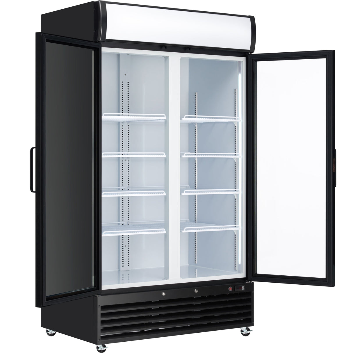 Empura 44" Black Swing Glass 2 Door Merchandiser Refrigerator with ClearKeeper™ Glass, 35 Cu. Ft., LED Lighting, 8 Adjustable Shelves
