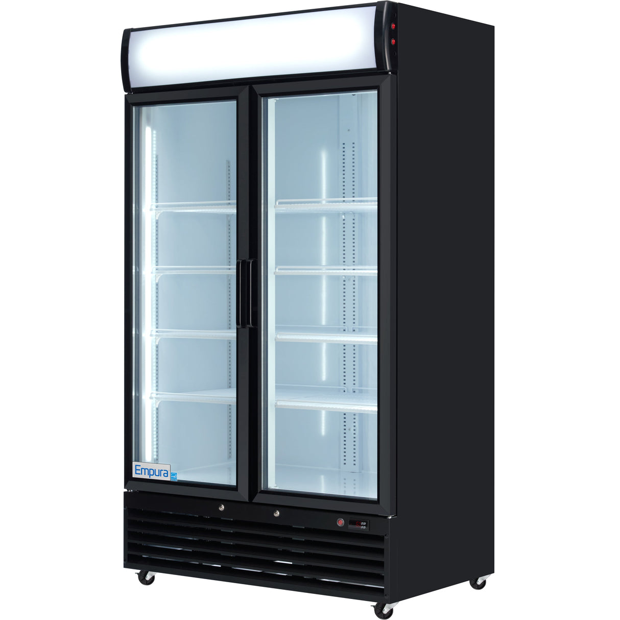 Empura 44" Black Swing Glass 2 Door Merchandiser Refrigerator with ClearKeeper™ Glass, 35 Cu. Ft., LED Lighting, 8 Adjustable Shelves