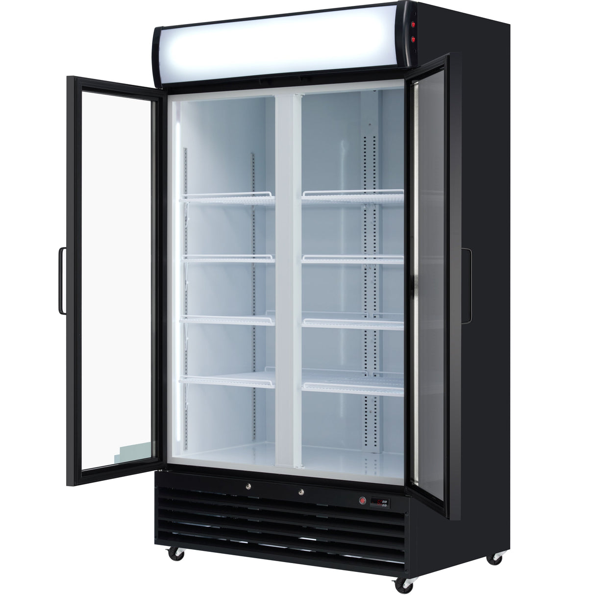 Empura 44" Black Swing Glass 2 Door Merchandiser Refrigerator with ClearKeeper™ Glass, 35 Cu. Ft., LED Lighting, 8 Adjustable Shelves