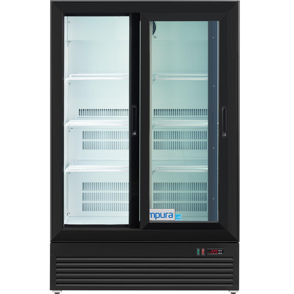 Empura 35" Black Sliding Glass 2 Door Merchandiser Refrigerator with ClearKeeper™ Glass, 10 Cu. Ft., LED Lighting, Self-Closing Doors