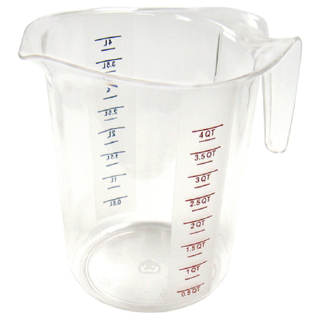 Winco PMCP-400 Measuring Cup 4 Qt. Raised External Markings In Quarts (red Letters) And Liters (blue Letters)