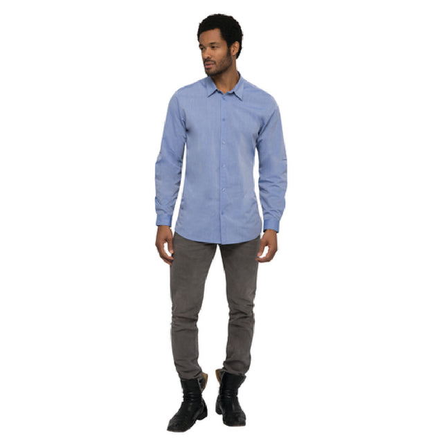 Chef Works SHC06-BLU-S Men's Chambray Dress Shirt Roll-up Long Sleeves With Button Tab