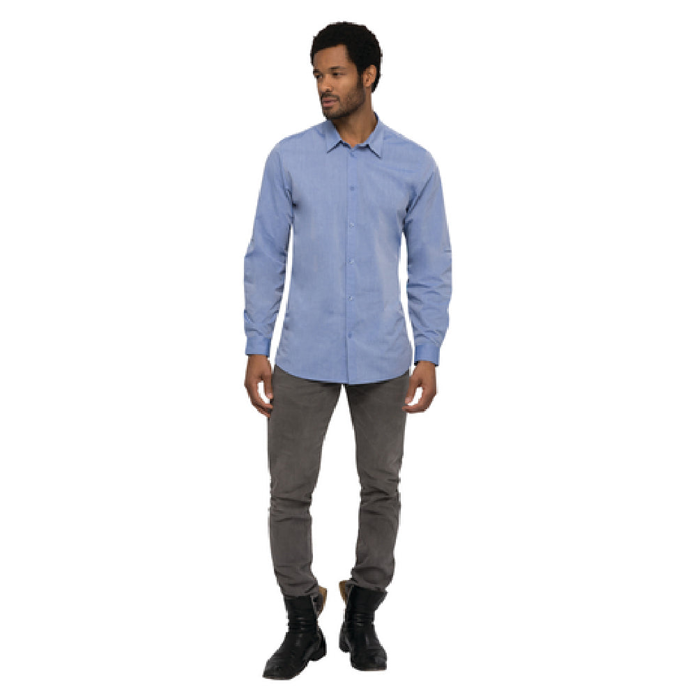 Chef Works SHC06-BLU-L Men's Chambray Dress Shirt Roll-up Long Sleeves With Button Tab