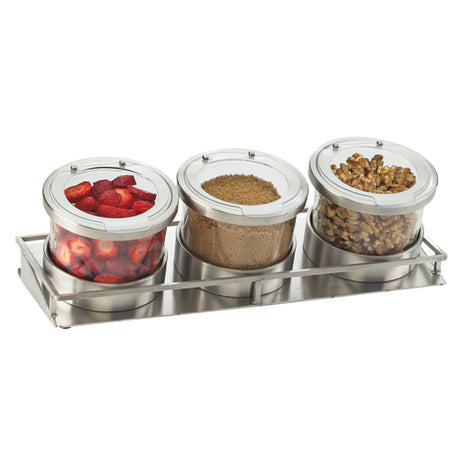 Cal Mil 1850-4-55HL Cold Condiment Display 13-1/2"W X 5"D X 4-3/4"H (3) 16 Oz. Round Glass Jars With Silicone Lined Stainless Steel Hinged Lids