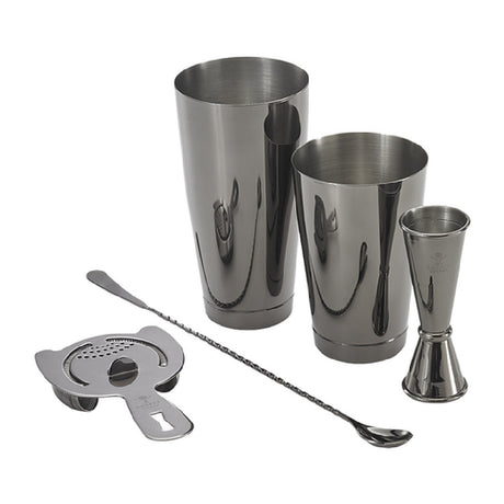 Krowne KR-BK3 Krowne Basic Gun Metal Black 5-Piece Cocktail Kit (Includes 1 Each Of The Following: Full Sized Shaker Half Sized Shaker 1oz. X 2oz. Jigger 13-3/16" Bar Spoon And Spring Bar Strainer)